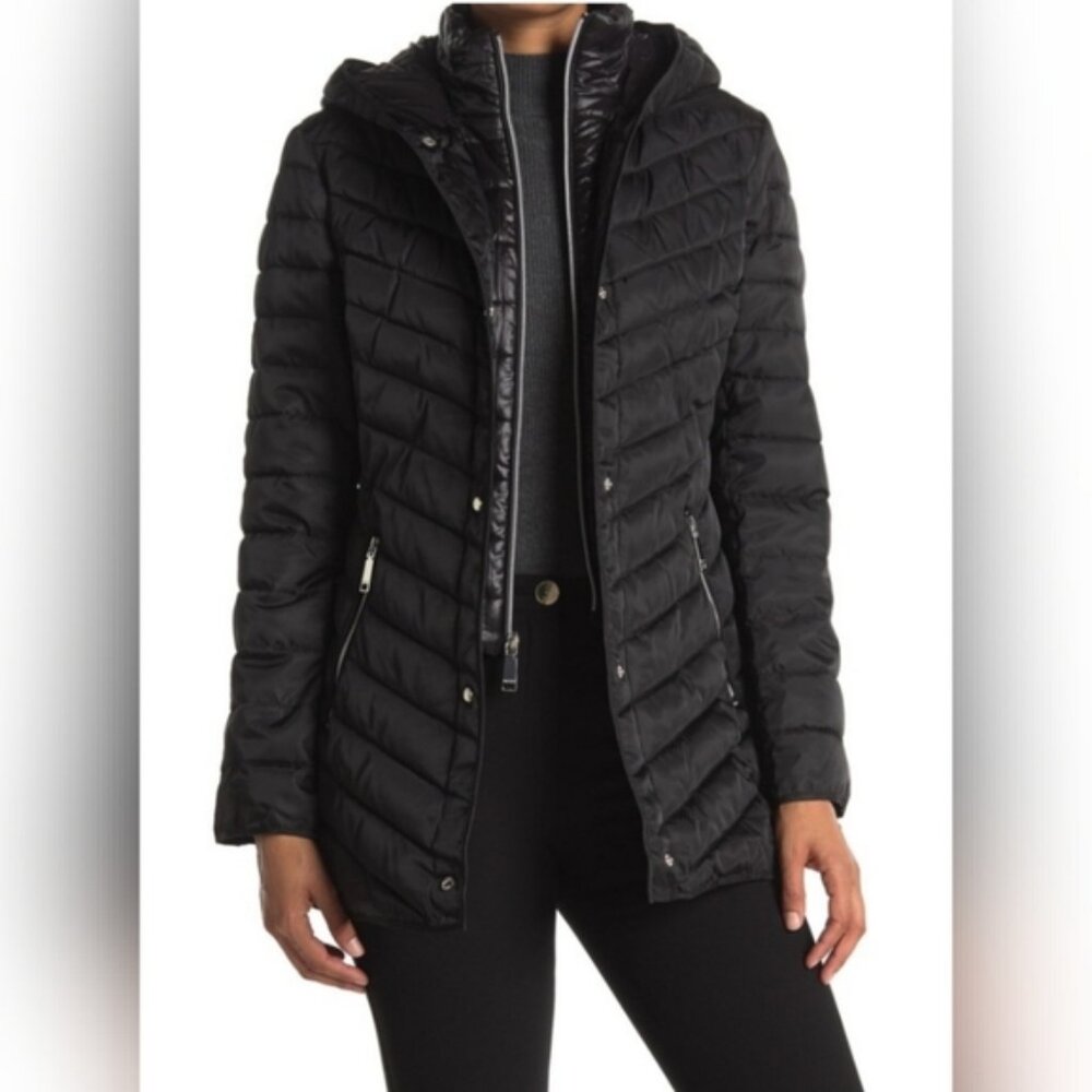 Nine West Black Puffer Coat with Hood and Zippered Pockets Size XL